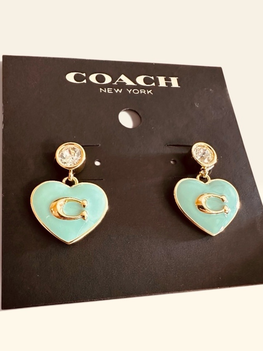 NWT Coach Heart Drop Earrings Light Green Enamel Gold C Logo on Earring Card - Picture 6 of 9